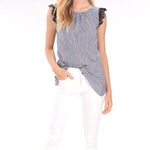 Cabi Blue & White Seersucker Striped Olivia “Flutter Lace” Top - Small